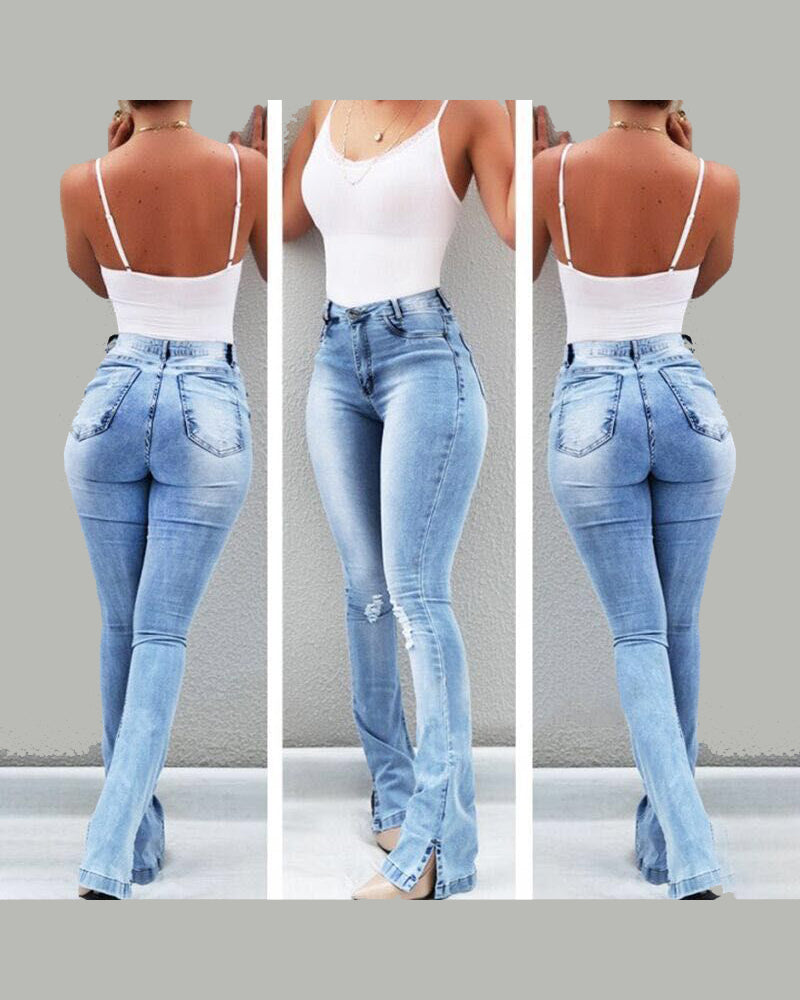 Elastic Slit Flared High Waist Jeans