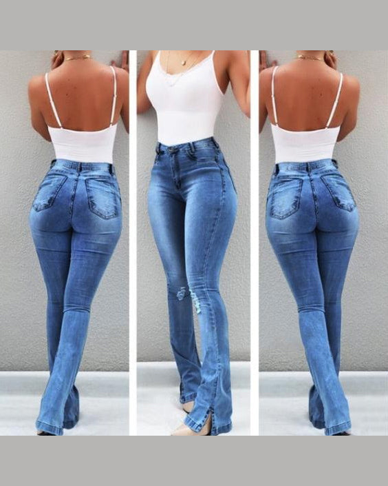 Elastic Slit Flared High Waist Jeans