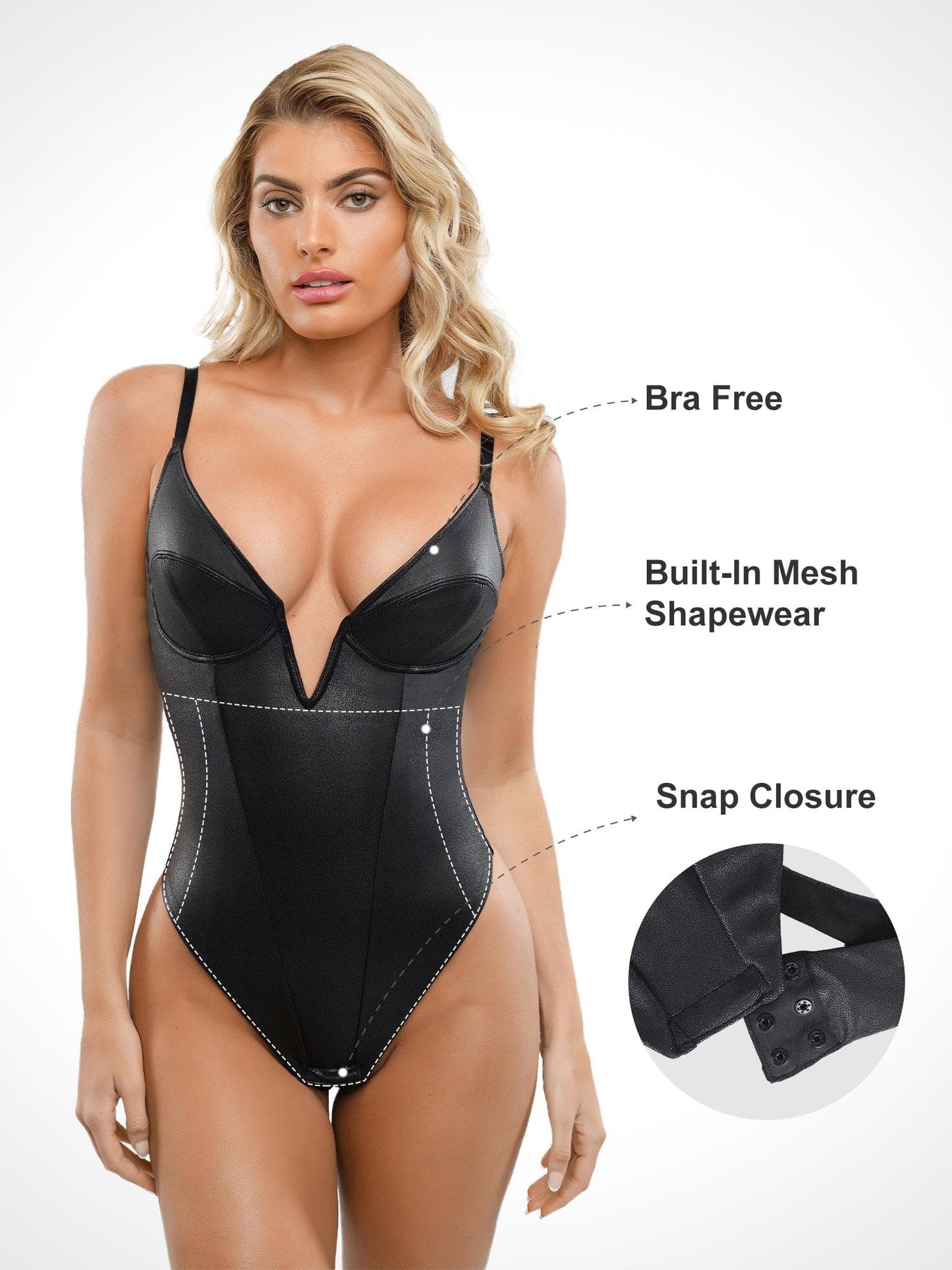 Deep V-Neck Leather Shapewear Thong Bodysuit