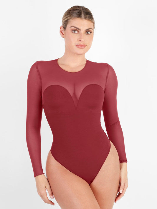 Sheer Mesh Shapewear Long Sleeve Thong Bodysuit