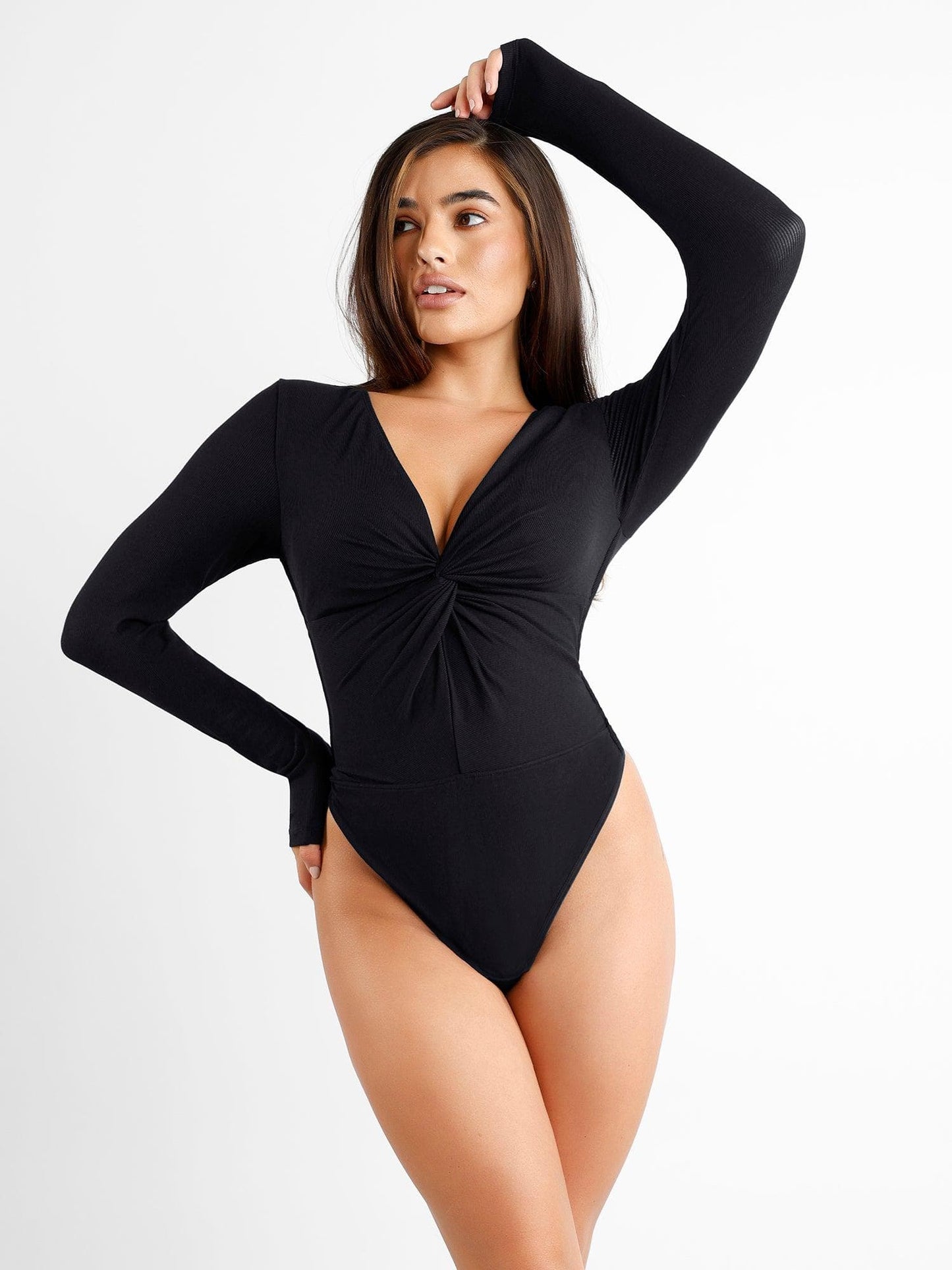 Ruched Long Sleeve V-Neck Shapewear Modal Thong Bodysuit