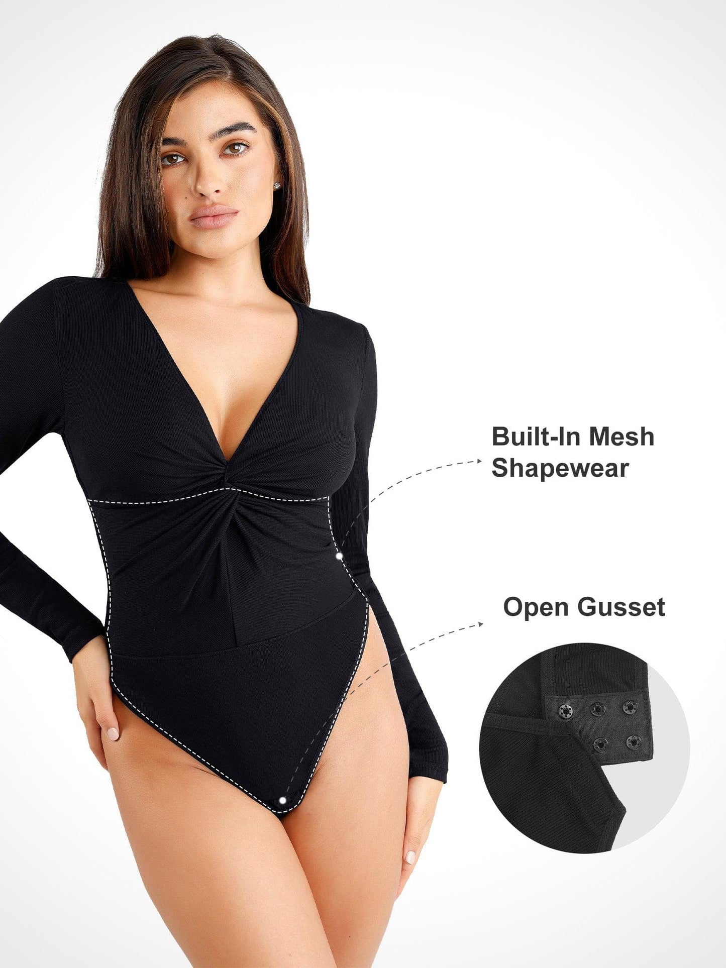 Ruched Long Sleeve V-Neck Shapewear Modal Thong Bodysuit