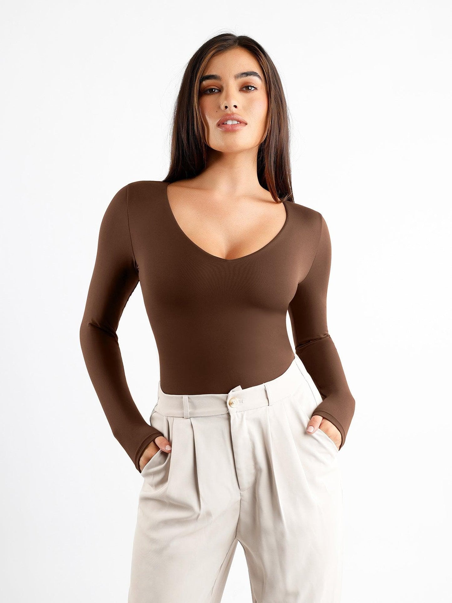 Seamless V-Neck Long-Sleeve Bodysuit