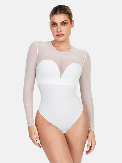 Sheer Mesh Shapewear Long Sleeve Thong Bodysuit