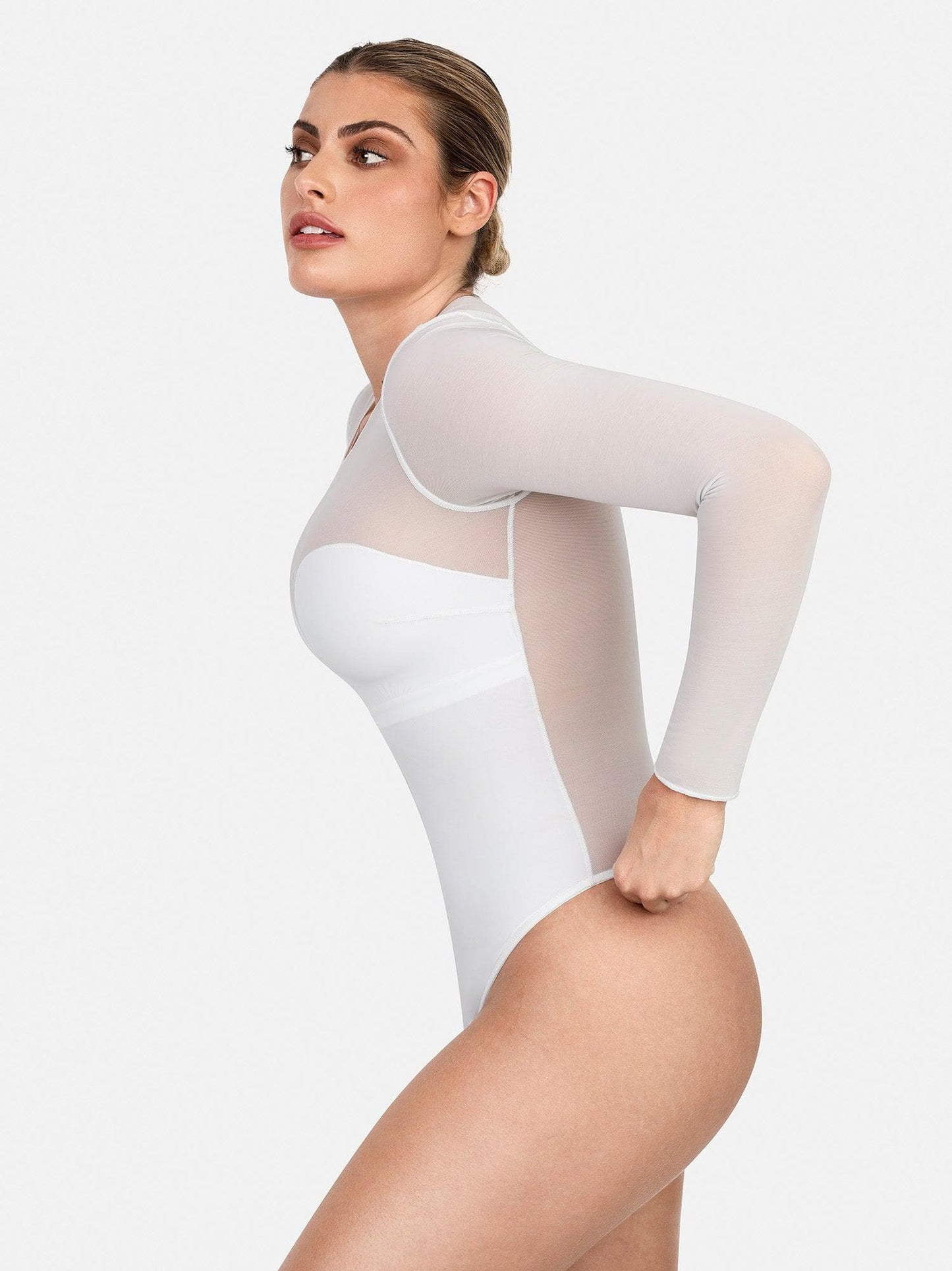 Sheer Mesh Shapewear Long Sleeve Thong Bodysuit