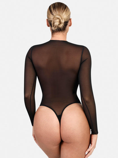 Sheer Mesh Shapewear Long Sleeve Thong Bodysuit