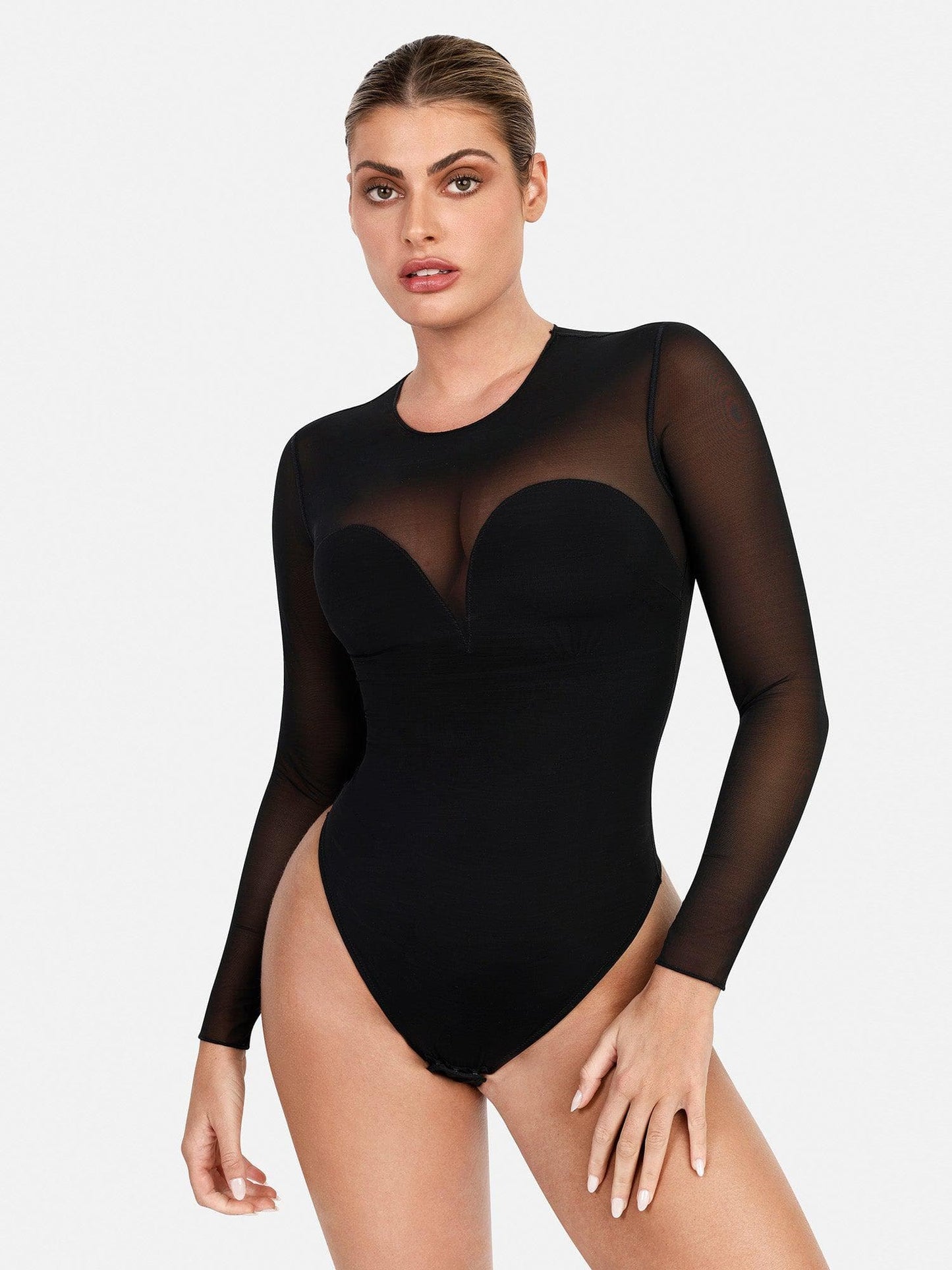 Sheer Mesh Shapewear Long Sleeve Thong Bodysuit