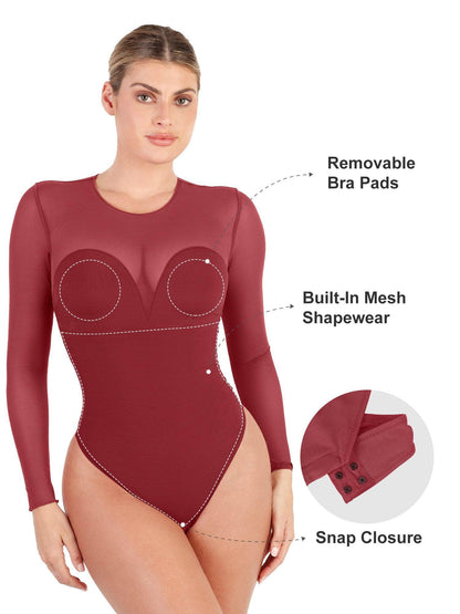 Sheer Mesh Shapewear Long Sleeve Thong Bodysuit