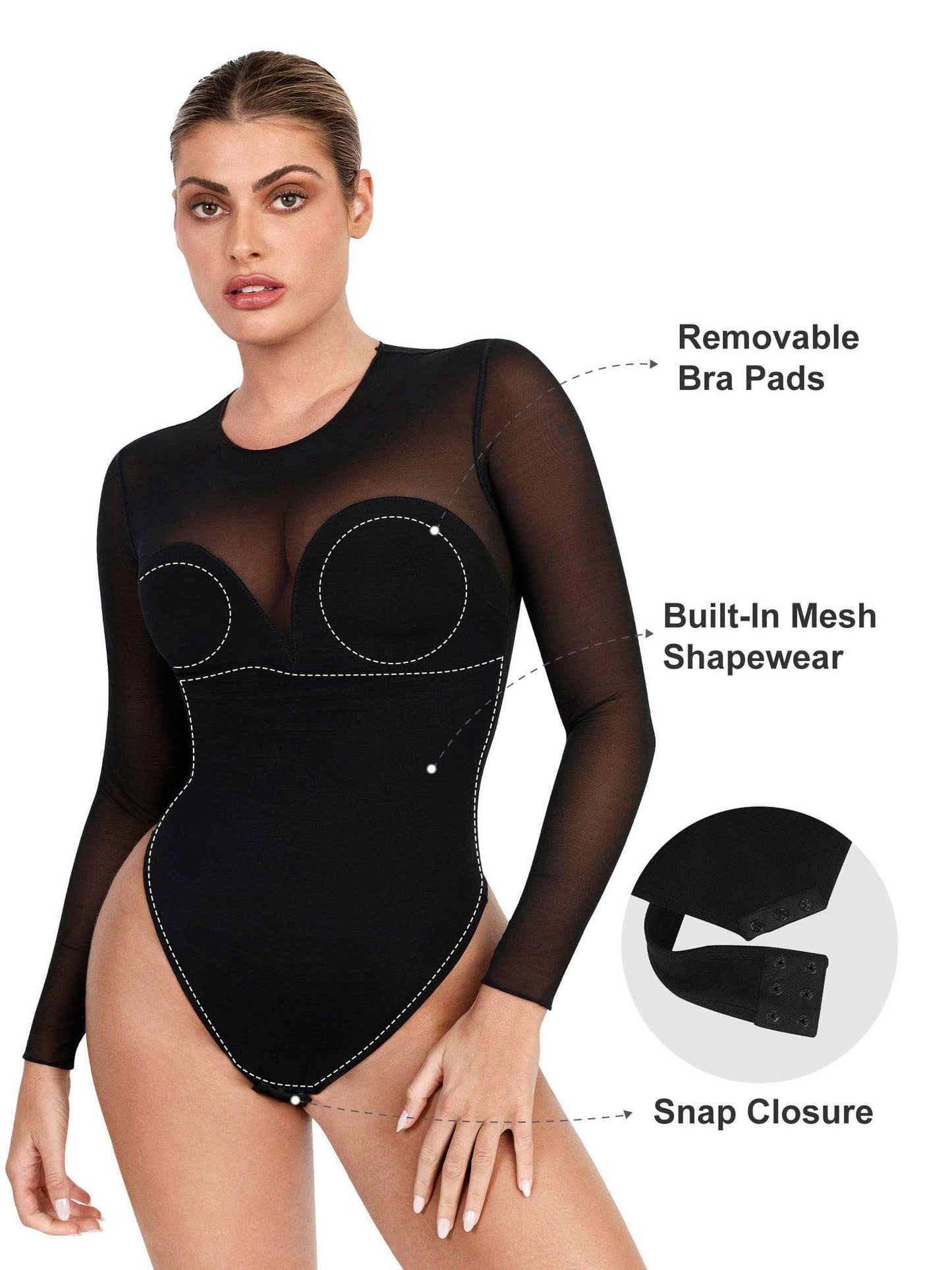 Sheer Mesh Shapewear Long Sleeve Thong Bodysuit