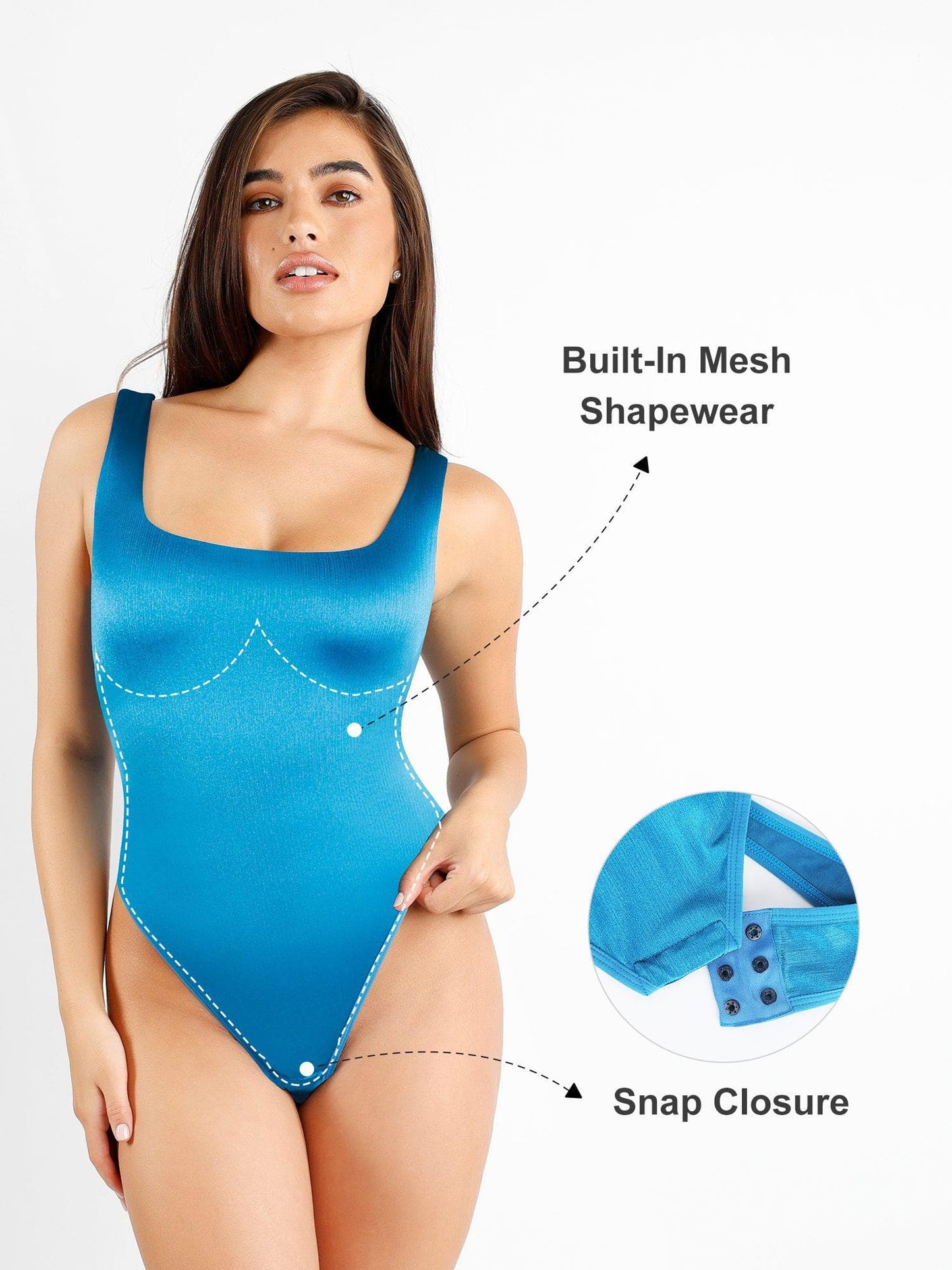 Square-Neck Shine Thong Bodysuit