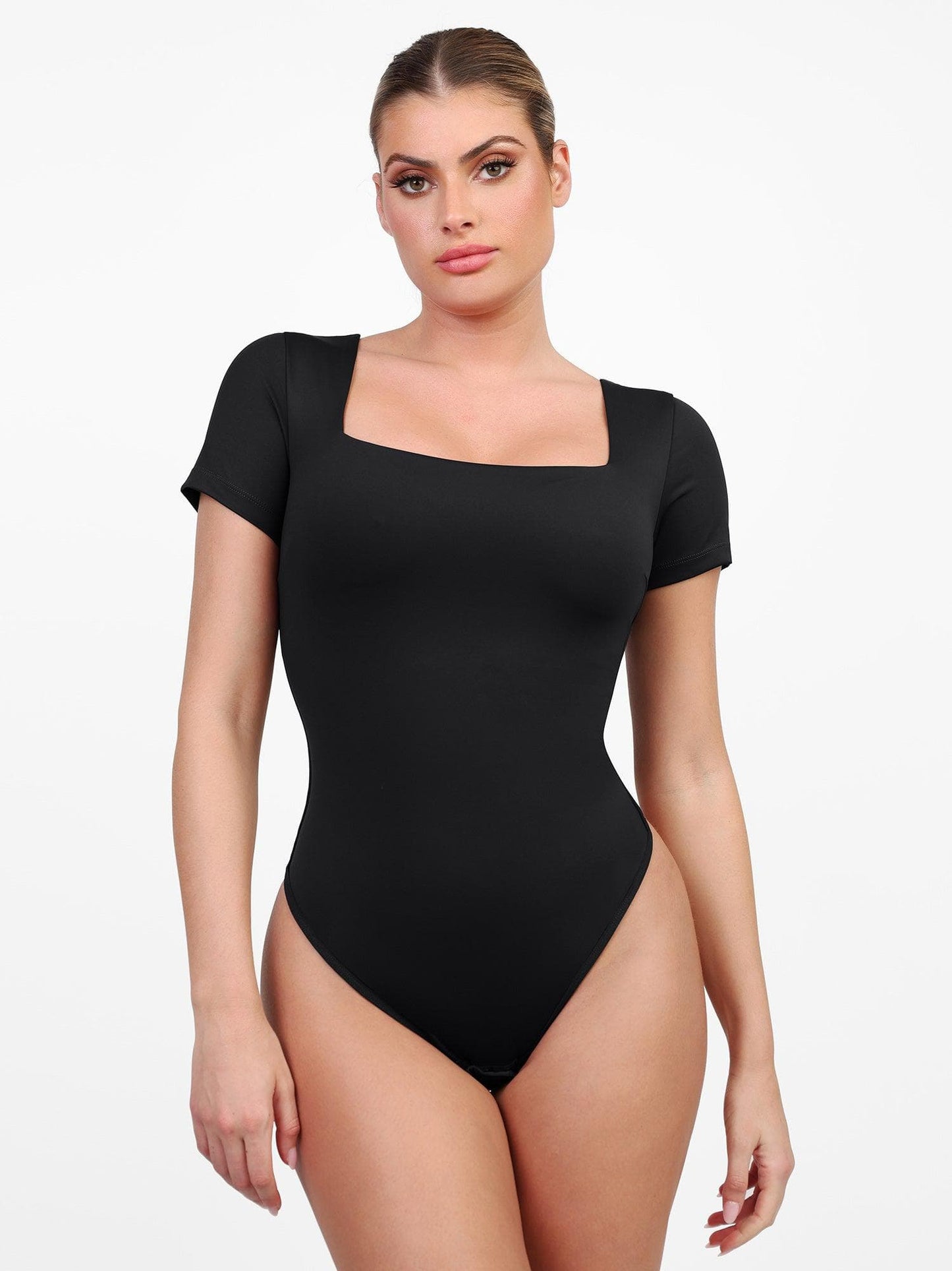 Square Neck Short Sleeve Thong Bodysuit